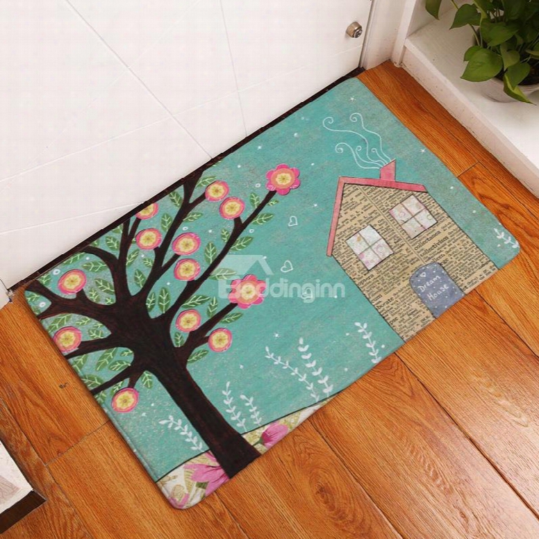 16␔24in Flowers On Tree Flannel Water Absorption Soft And Nonslip Blue Bath Rug/mat
