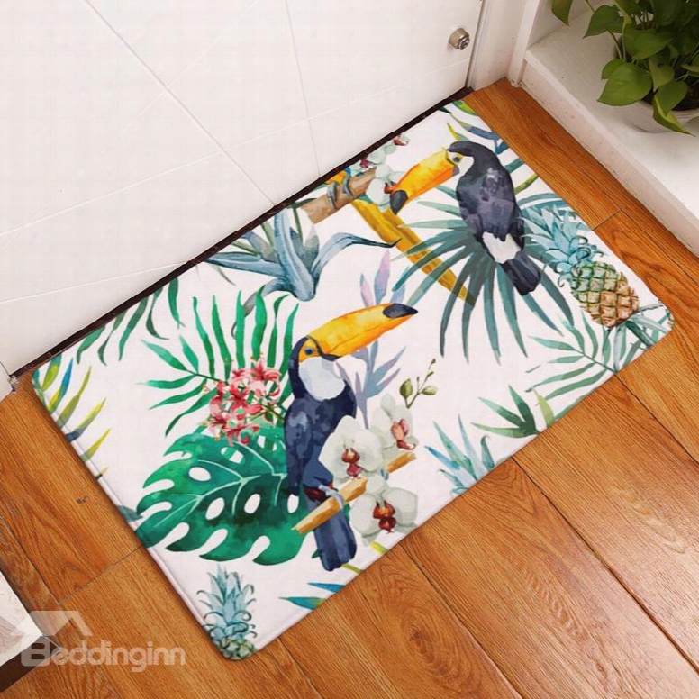16␔24in Parrot On Tropical Plants Flannel Water Absorption Soft And Nonslip Bath Rug/mat