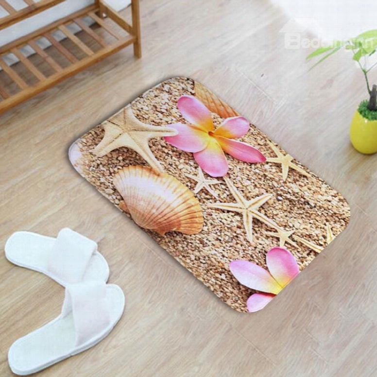 16␔24in Pink Flower Starfishes And Shells Flannel Water Absorption Soft And Nonslip Bath Rug/mat