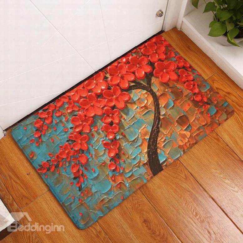 16␔24in Red Flowers Oil Painting Flannel Water Absorption Soft And Nonslip Bath Rug/mat