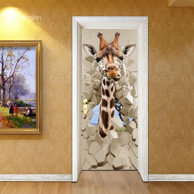 30␔79in Giraffe And Stone Door Pattern Pvc Environmental And Waterproof 3d Door Mural