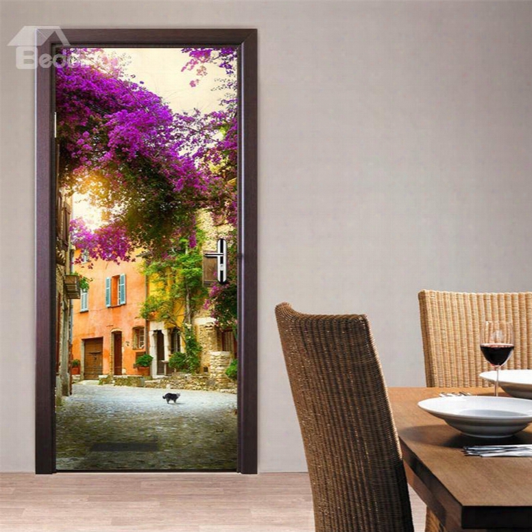 30␔79in Houses And Flowers Pvc Environmental And Waterproof 3d Door Mural