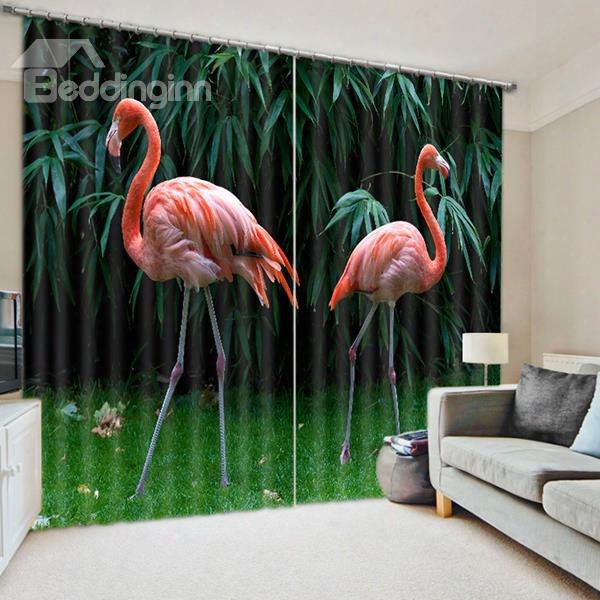 3d Beautiful Couple Flamingos An Bamboos Printed Animal Style Blackout Polyester Curtain