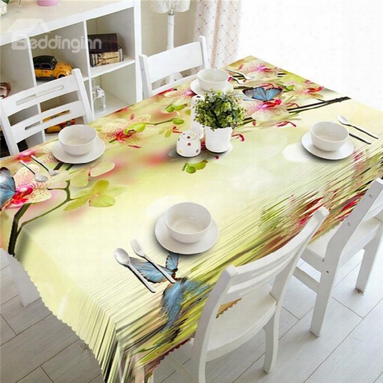 3d Beige Flowers And Colorful Butterflies Printed Thick Polyester Square Tablecloth