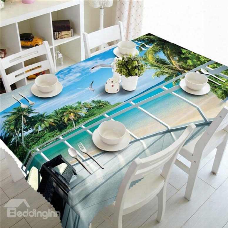 3d Blue Sea And White Beach With Flaying Seagulls 3d Outdoors And Home Table Cover