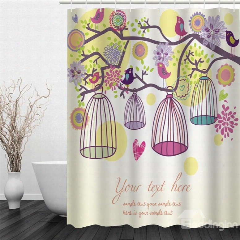 3d Branches With Cages And Flowers Polyester Waterproof And Eco-friendly Shower Curtain