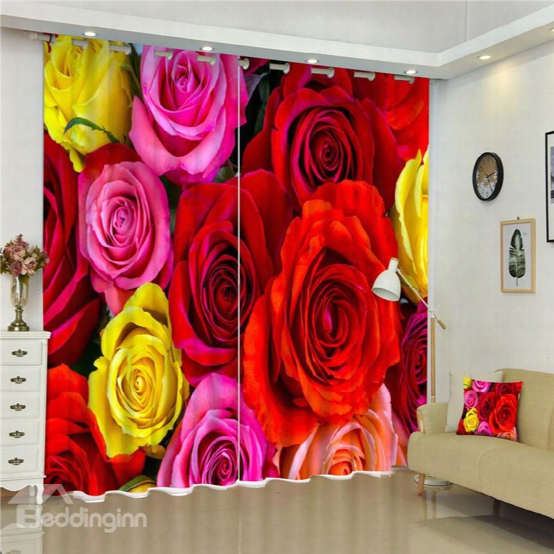 3d Bright Colored Red Pink And Yellow Roses Printed Charming Flowers 2 Panels Curtain