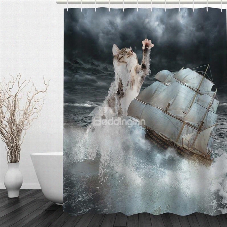 3d Cat And Yacht In Sea Polyester Waterproof And Eco-friendly Shower Curtain