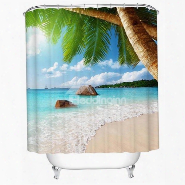 3d Coconut Leaves And Beach Printed Polyester Light Blue Shower Curtain