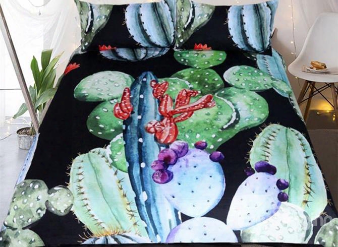 3d Colorful Cactus Printed Polyester 3-piece Black Bedding Sets/duvet Covers
