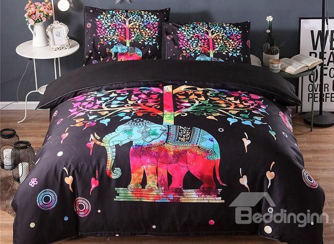 3d Colorful Elephant And Tree Printed Polyester 3-piece Black Bedding Sets