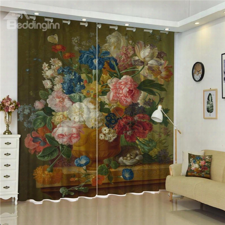 3d Colorful Peonies Printed With Flower Vast Retro Style Custom Living Room Curtain