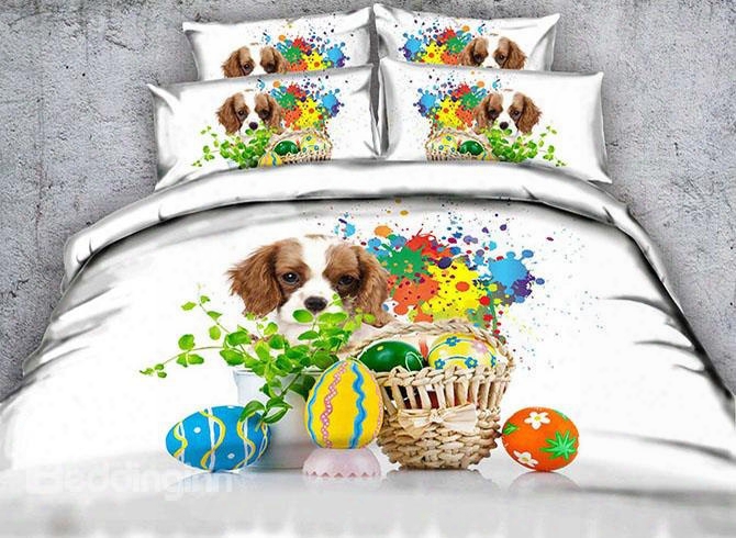 3d Easter Eggs And Puppy Printed Cotton 4-piece White Bedding Sets/duvet Covers