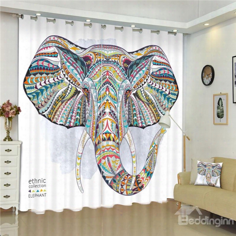 3d Elephant Head Printed Ethnic Style Thick Polyester 2 Pieces Decorative Custom Curtain