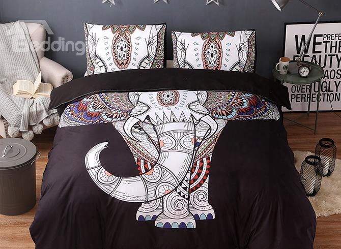 3d Elephant Printed Boho Style Polyester 3-piece Black Bedding Sets/duvet Covers