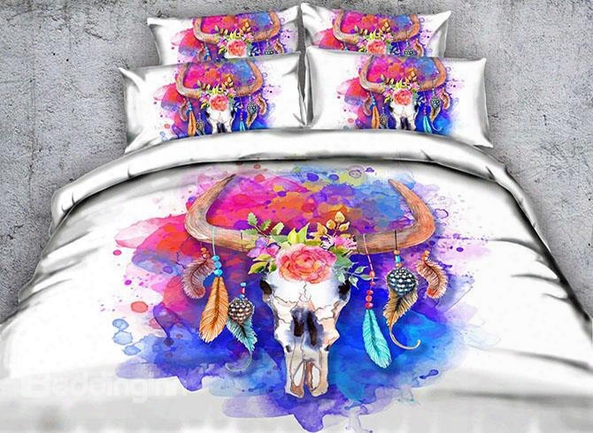 3d Goat Head Skull Printed Cotton 4-pieece White Bedding Sets/duvet Covers