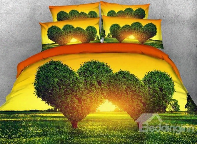 3d Green Heart-shaped Tree Printed Cotton 4-piece Bedding Sets/duvet Covers