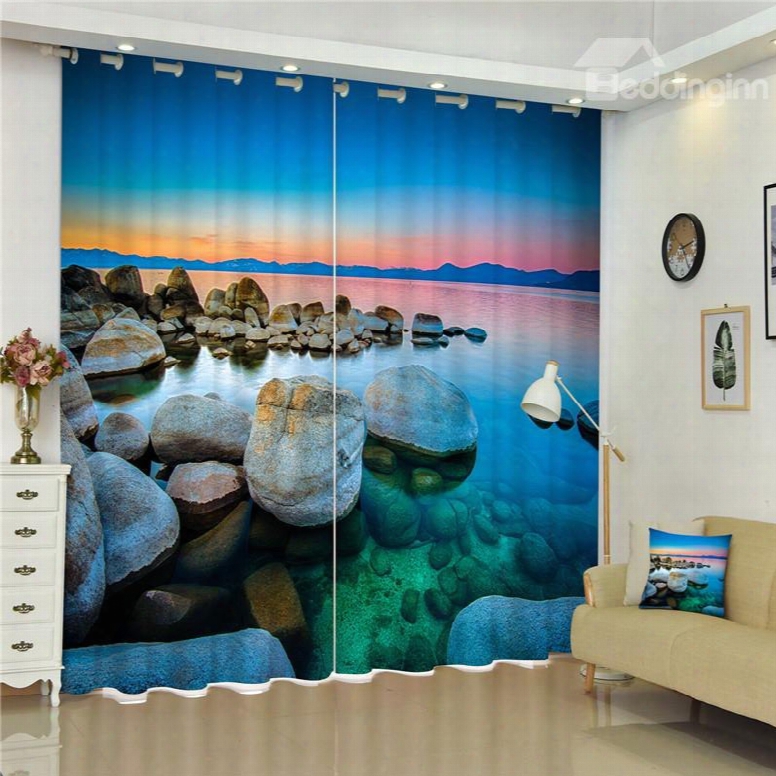 3d Grotesque Stones And Clear Water With Rosy Clouds Printed Decorative And Shading Curtain