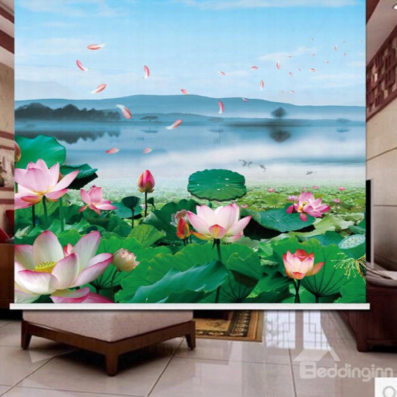 3d Lotus And Lake Printed Concise Style Decoration And Blackout Curtain Roller Shade