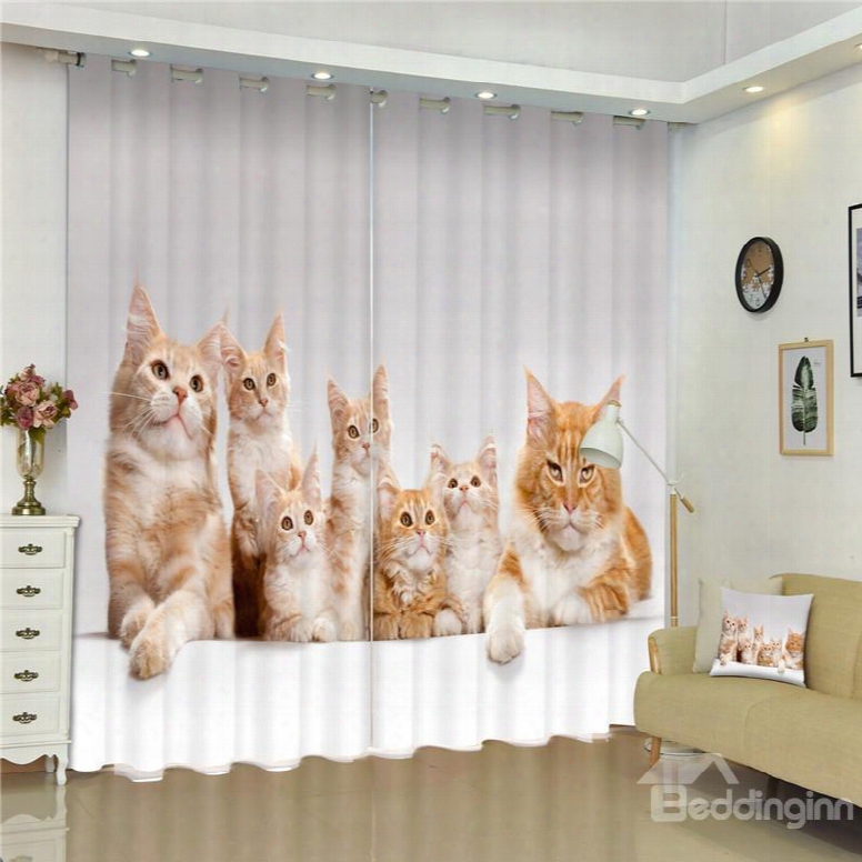 3d Lovely Cat Family Printed Deecorative And Blackout Bed Room Window Custom Curtain
