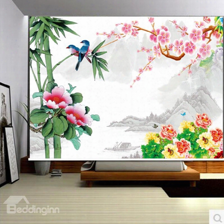 3d Magpie Bamboo And Flowers Printed Natural Style Decoration And Blackout Curtain Roller Shade