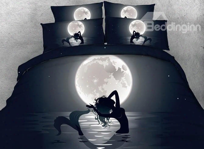 3d Mermaid In The Moonlight Printed Cotton 4-piece Black Bedding Sets