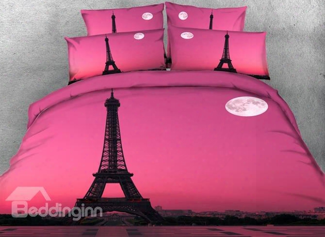 3d Paris Eiffel Tower Abd The Moon Printed Cotton 4-piece Pink Bedding Sets