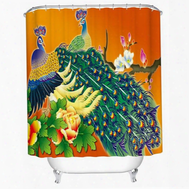 3d Peacock Couple And Peony Printed Polyester Orange Shower Curtain