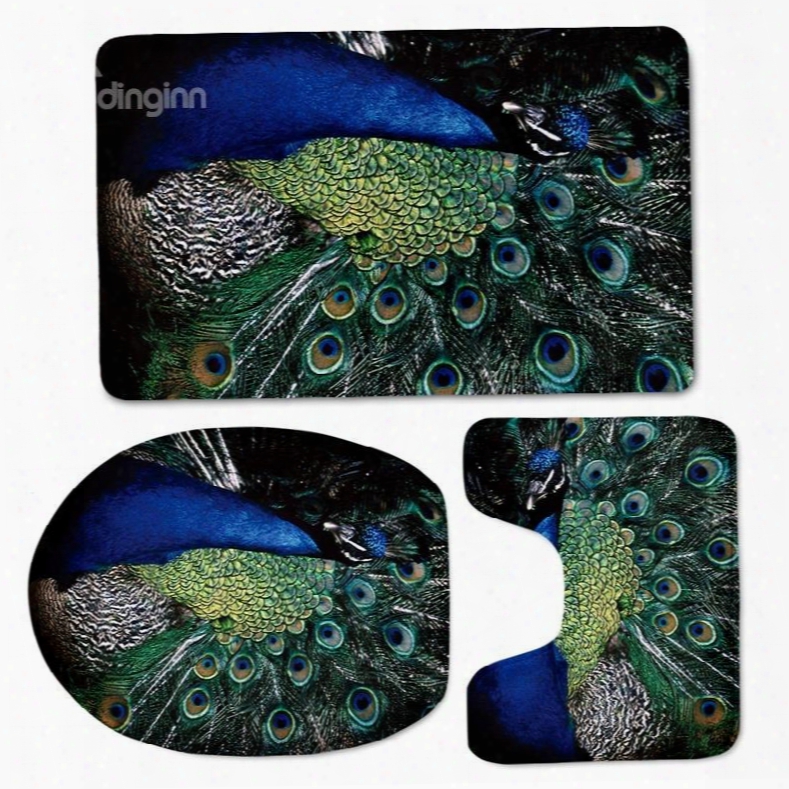 3d Peacock Feather Printed Flannel 3-piece Toilet Seat Cover