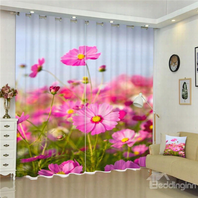 3d Pink Flowers Printed Pastoral And Plants Style Thick Polyester 2 Pieces Room Curtain