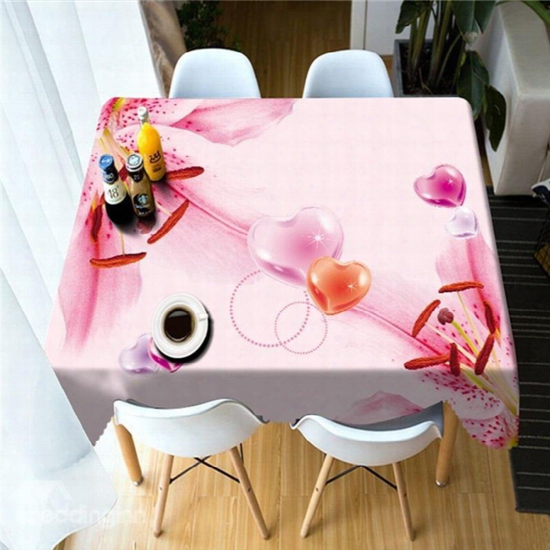 3d Pink Petals And Heart-shaped Printed Fresh And Modern Table Cover Cloth