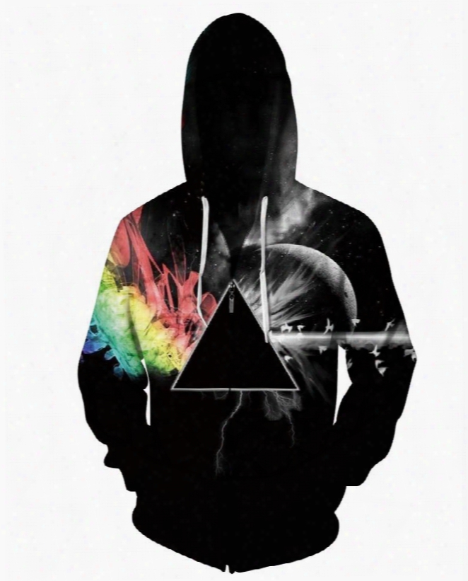 3d Print Big Pockets Triangle Color Block Zipper Hoodies