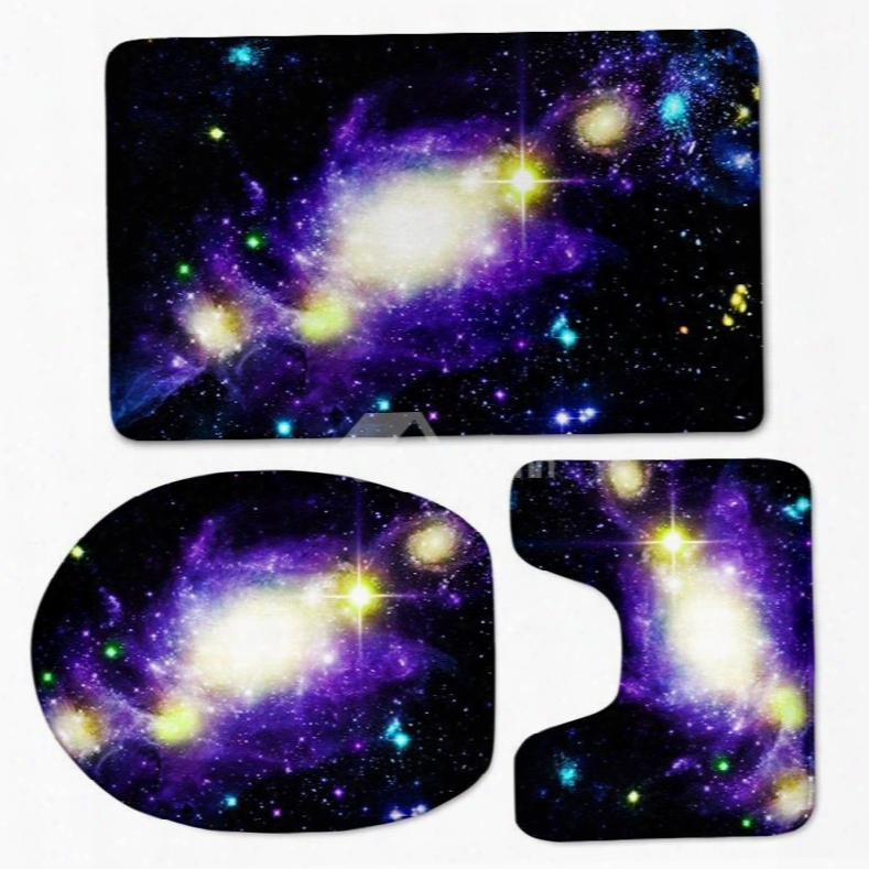 3d Purple Galaxy Printed Flannel 3-piece Black Toilet Seat Cover