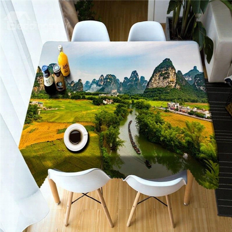 3d River In High Mountains And Fields Printed Home And Outdoors Square Table Cloth