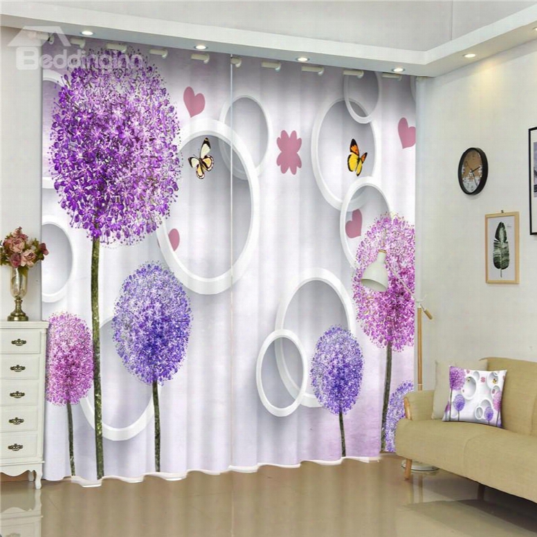 3d Round Circles And Purple Dandelion Trees With Butterflies Printed Custom Curtain