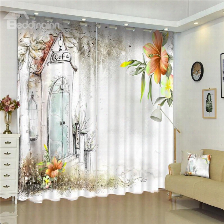 3d Sketch With Lily Flowers And Small Cafe House Printed Custom Window Curtain