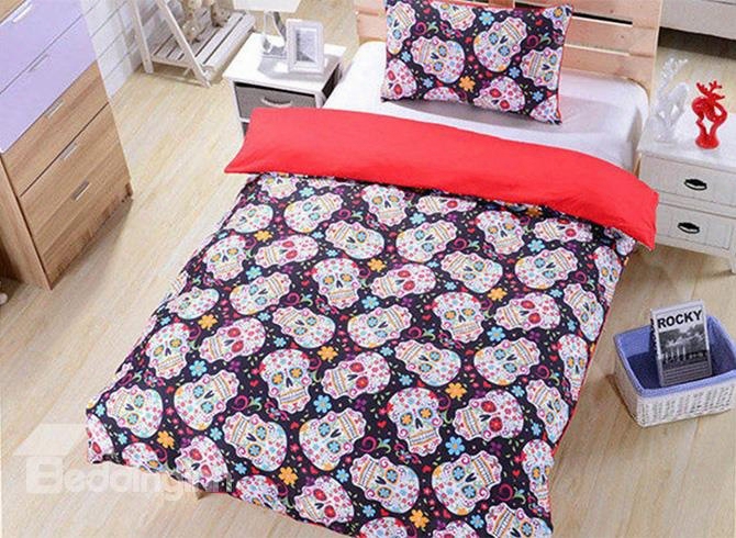 3d Skull And Flowers Printed Polyester 3-piece Bedding Sets/duvet Covers