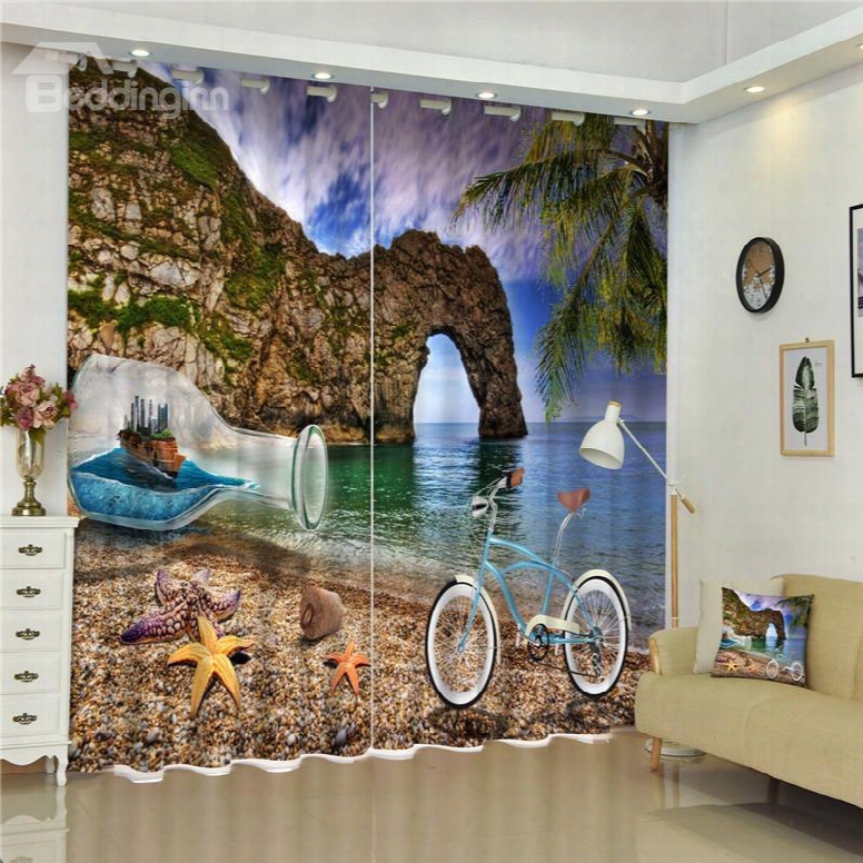 3d Stwrfishes Bicycle And Drift Bottle With White Beach And Elephant Mountain Printed Shading Curtain