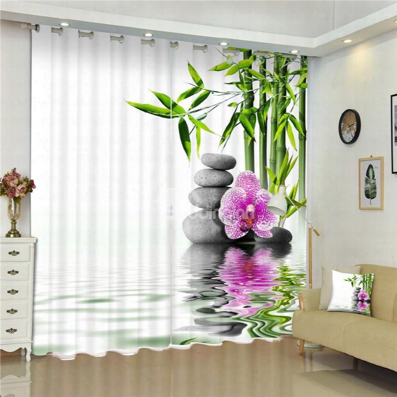 3d Sotne Flowers And Green Bamboos Printed 2 Pieces Custom Curtain For Living Room