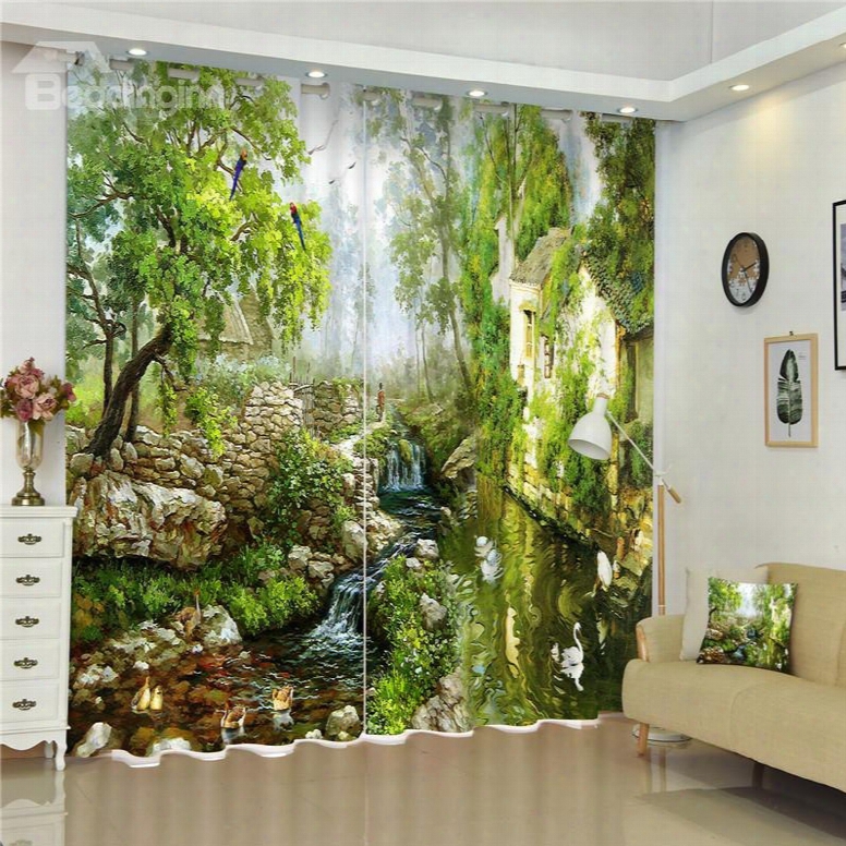 3d Stone House And Flowing Water Printed Natural Scenery Thick Polyester Room Curtain