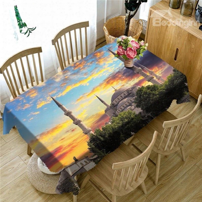 3d Temples And Golden Clouds Printed Thick Polyester Durable Table Cloth Cover