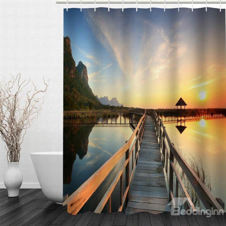 3d Tranquil Lake Surface In Sunset Pattern Polyester Waterproof And Eco-friendly Shower Curtain