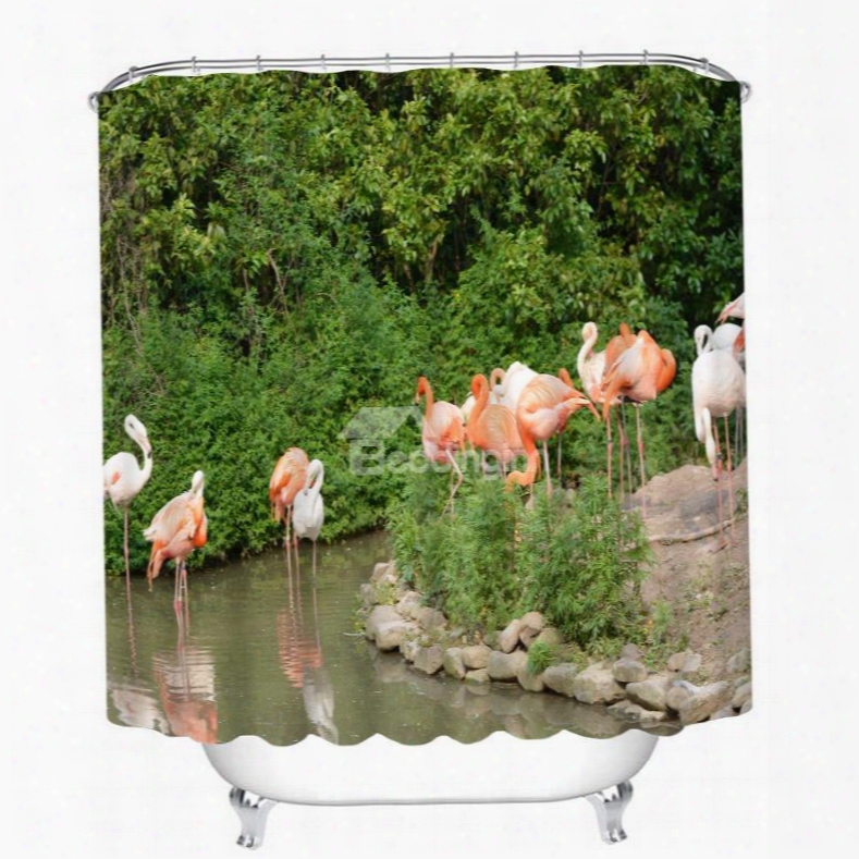 3d Waterproof Flamingos And Green Forest Printed Polyester Shower Curtain