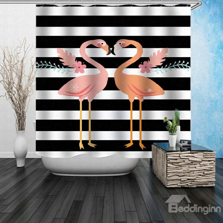 3d Waterproof Stripes And Flamingos Printed Polyester Shower Curtain