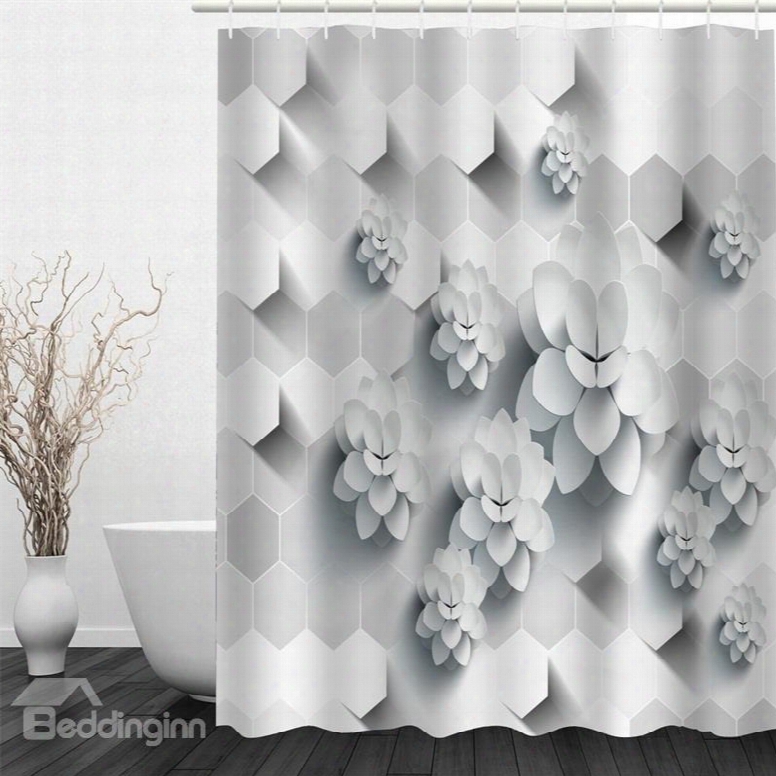 3d White Flowers Rinted Pattern Polyester Waterproof  And Eco-friendly Shower Curtain
