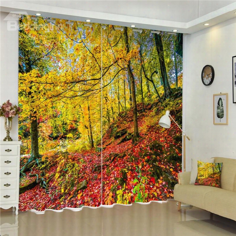 3d Yellow Leaves And Red Ground Printed Autumn Scenery Living Room And Bedroom Curtain