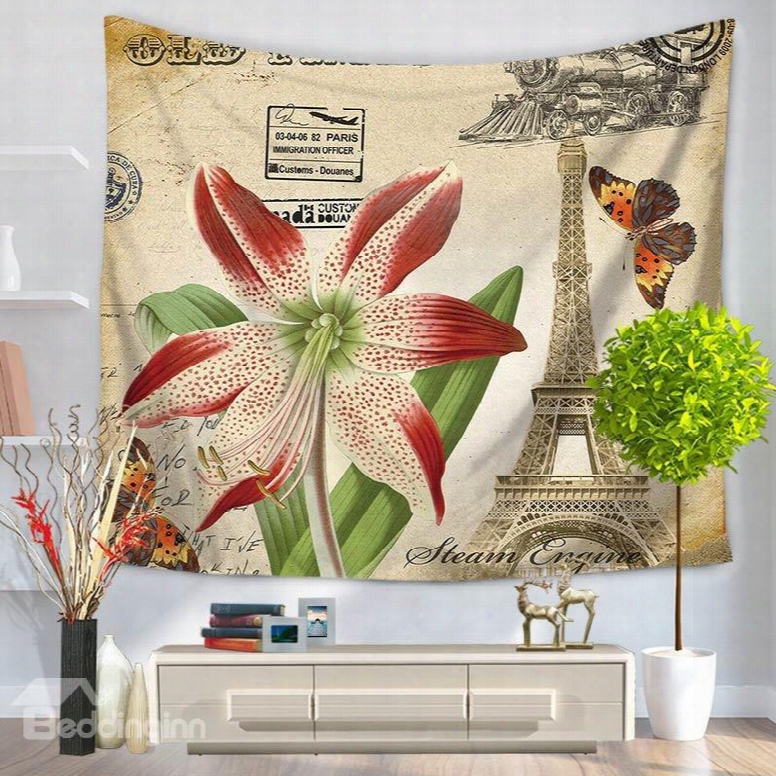 A Blooming Lily And Butterflies Eiffel Tower Decorative Hanging Wall Tapestry