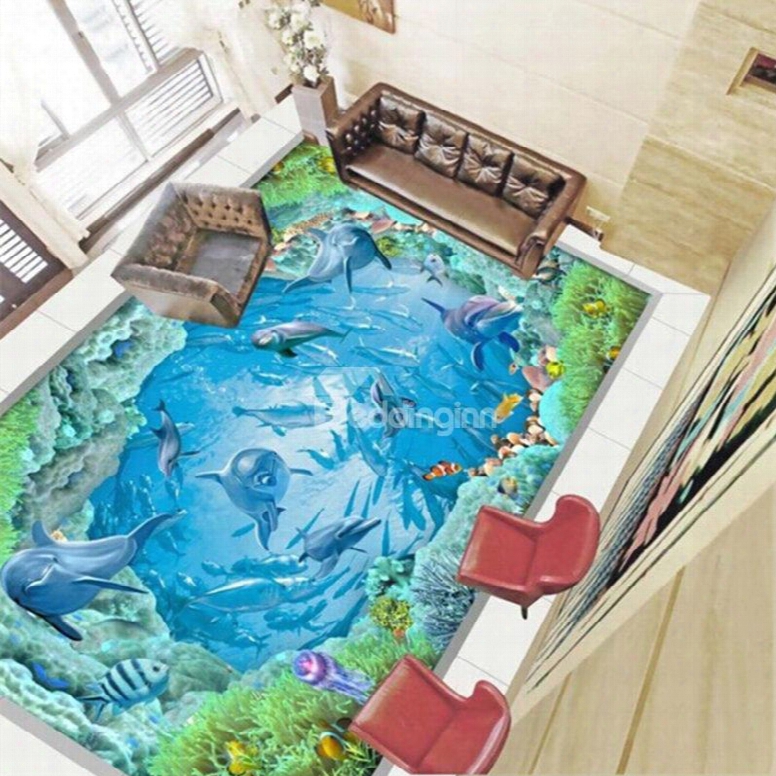 Amusing A School Of Dolphins Playing In The Sea Pattern Splicing Waterproof 3d Floor Murals