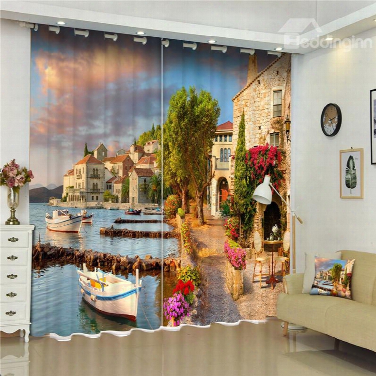 Beautiful Retro Buildings Printed European Style Thick Polyester Custom 3d Curtain