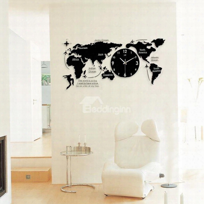 Black World Map Pattern Acrylic Battery Hanging Wall Clock
